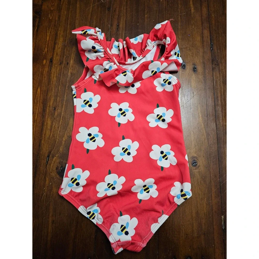 Hanna Andersson Kids Red Daisy Bumblebee Ruffle One Piece Swimsuit Size 100 US 4